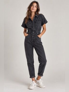 We The Free Free People Marci Coverall Denim Jumpsuit Light Wash Black Medium